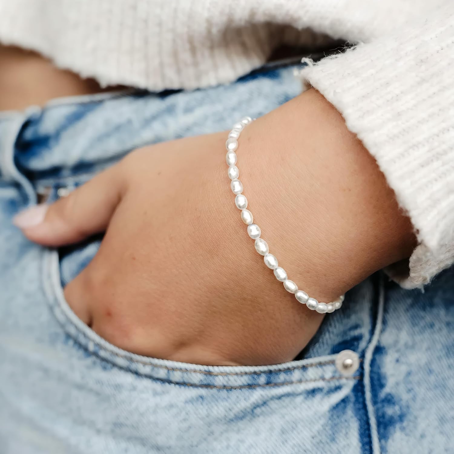 Pearl Bracelets for Women Handpicked Freshwater Tiny Small Rice Pearls Link Strand Bracelets with Adjustable 18K Gold Plated Bolo Lock - Image 7