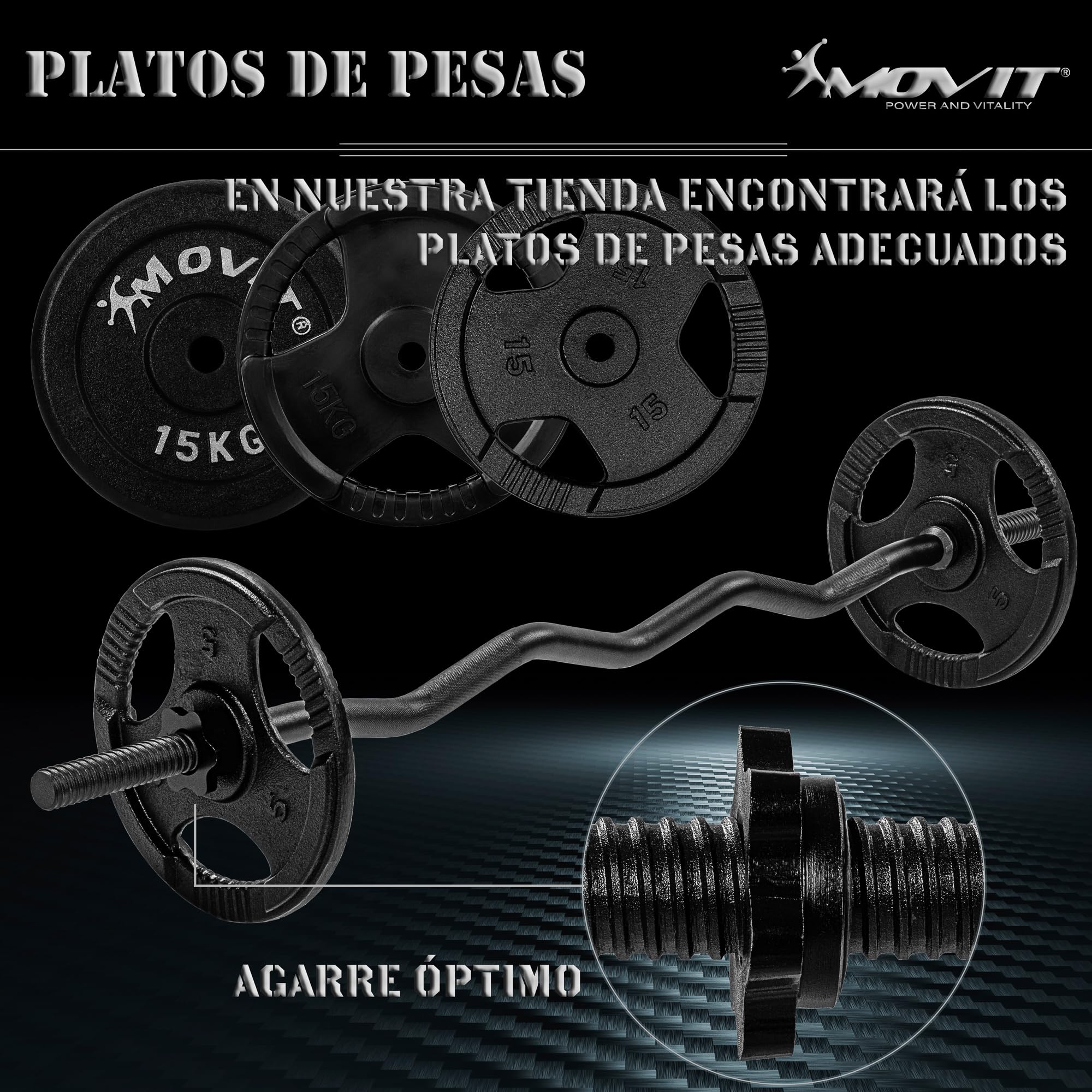 MOVIT barra de curl profesional SZ, 30mm ESTÁNDAR, a elegir: 120cm (7kg) o 130cm (8kg), cromada o negra, bloqueo de estrella o bloqueo de muelle