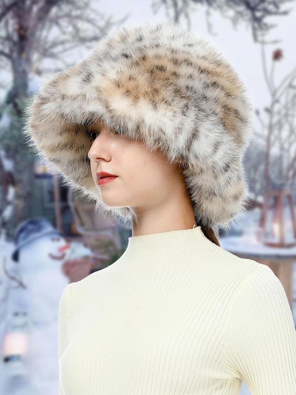 Women's Winter Faux Fur Bucket Hat Fluffy Warm Ladie's Plush Leopard Printed Fisherman Cap - Image 6