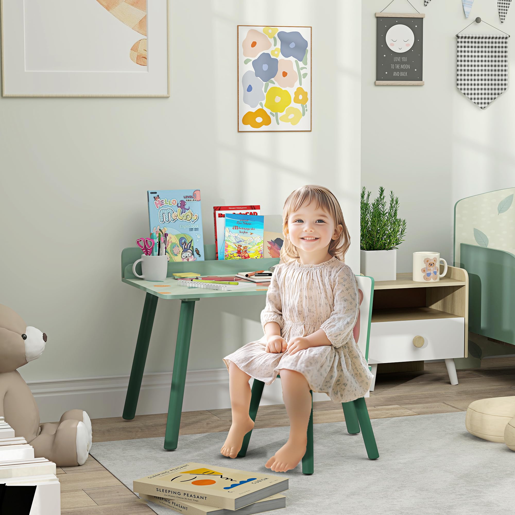 AIYAPLAY Set Sedia e Tavolino per Bambini con Ripiano Portaoggetti, Banco Scuola e Sedia in MDF e Legno di Pino, per Cameretta, Stanza da Gioco, Camera da Letto, Verde