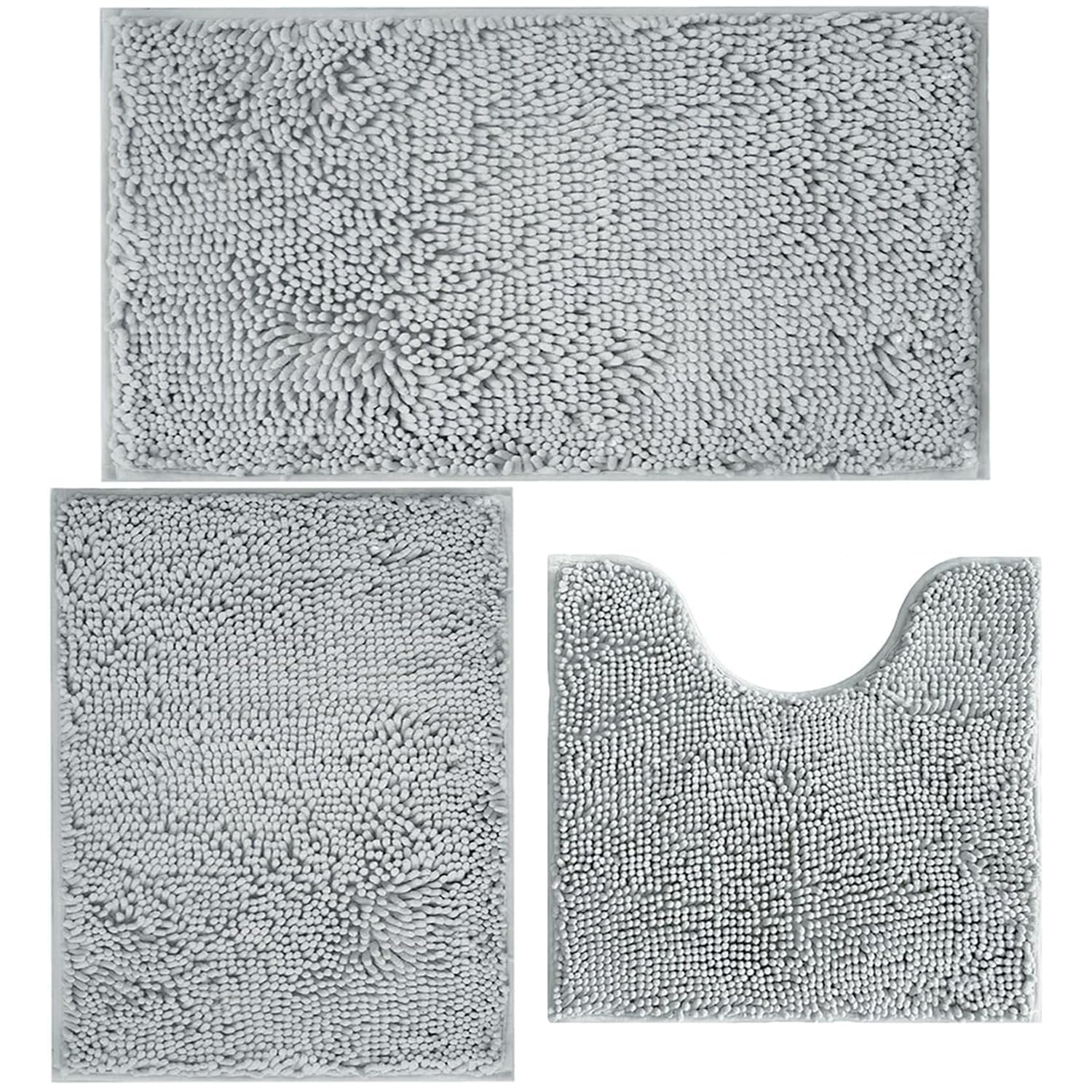 Bathroom Rugs Chenille Bath mat 3 Piece Set, Super Absorbent, Strong PVC Non Slip Backing, Bath mats for Bathroom, Plush Shaggy, Thick, Machine Washable, Bathtub, Toilet, Light Grey