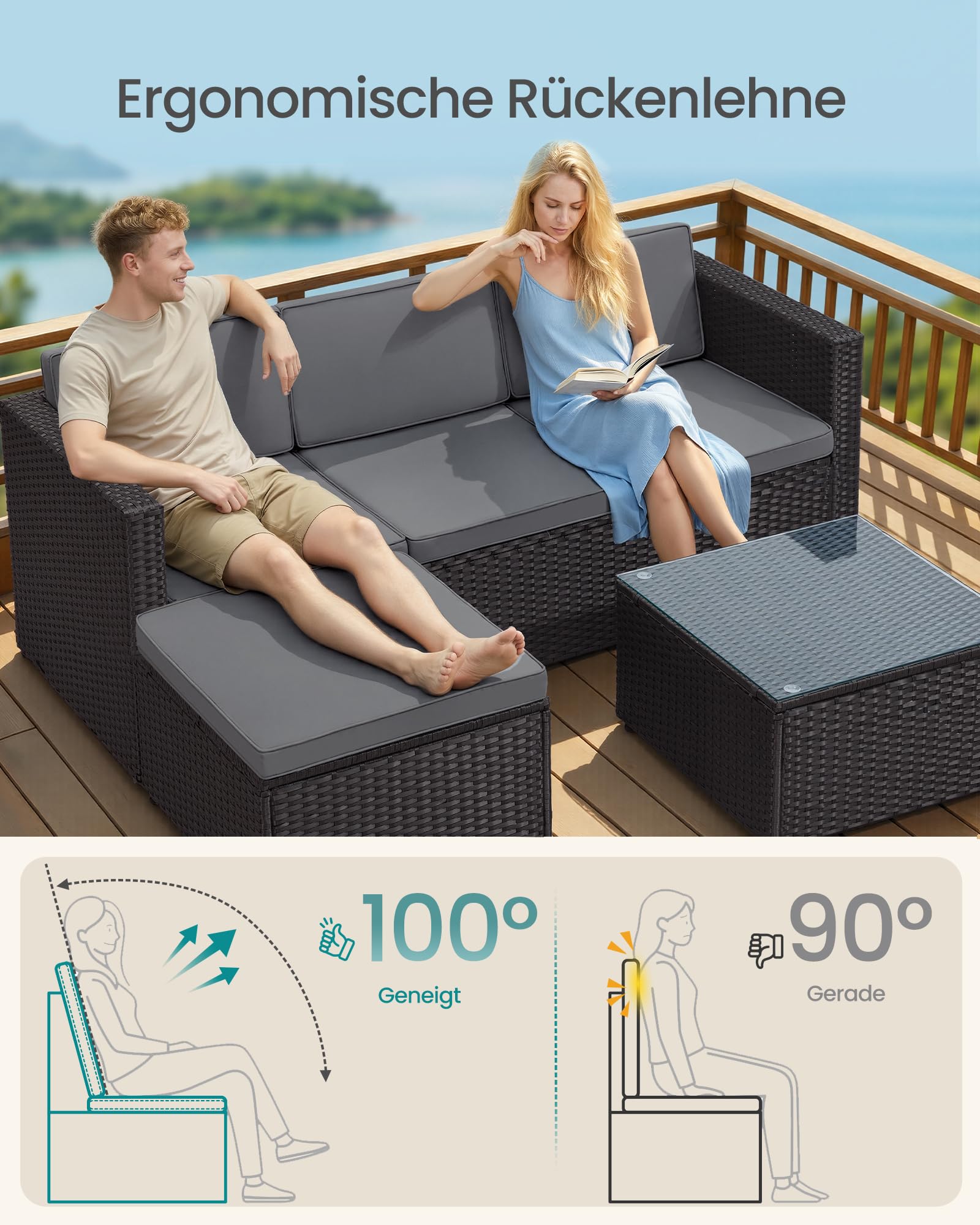 SONGMICS Gartenmöbel-Set, Balkonmöbel aus PE-Polyrattan, Terrassenmöbel, Ecksofa, Outdoor, handgeflochtenes Rattan, Lounge-Set, mit Kissen und Glastisch, schwarz-grau GGF005B04