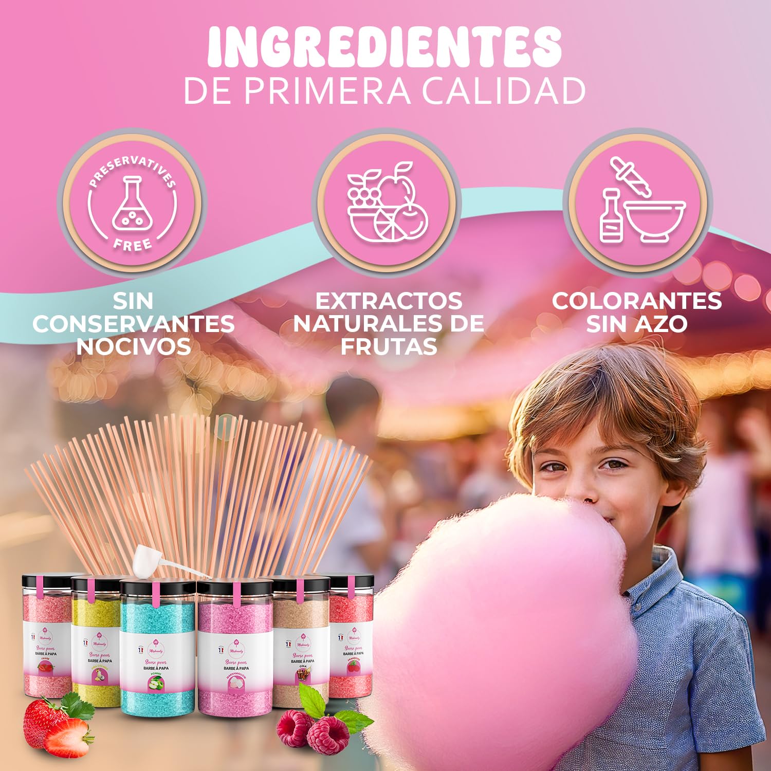 Misskandy,azucar para algodon de azucar/para máquina 1,8 kg (6 * 300g)/sabores: fresa, manzana, malvavisco, cola, frambuesa, piña colada, + 50 palos (30 cm) (ofrecido)