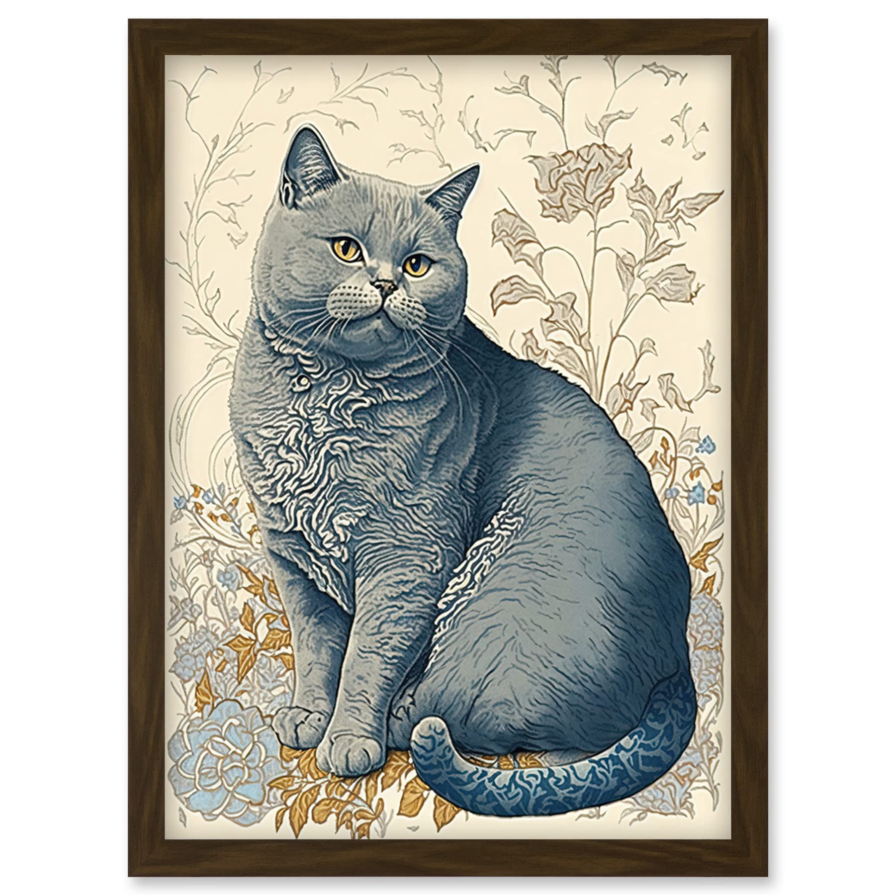 Artery8 William Morris Inspired Cat Portrait with Flowers Modern Illustration Artwork Framed Wall Art Print A4