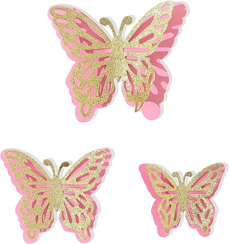 Juego de 5 mariposas 3D de 3 tamaños: mariposa dorada con purpurina y rosa de doble capa, mariposa para baby shower, decoración de pastel de