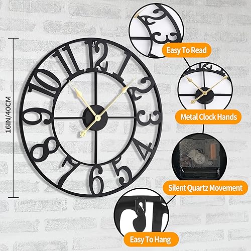 Miniatura 3 de LEIKE Reloj de pared grande de 16 pulgadas, silencioso, sin tictac, funciona con pilas, de gran tamaño, decorativo, retro, reloj de metal negro para