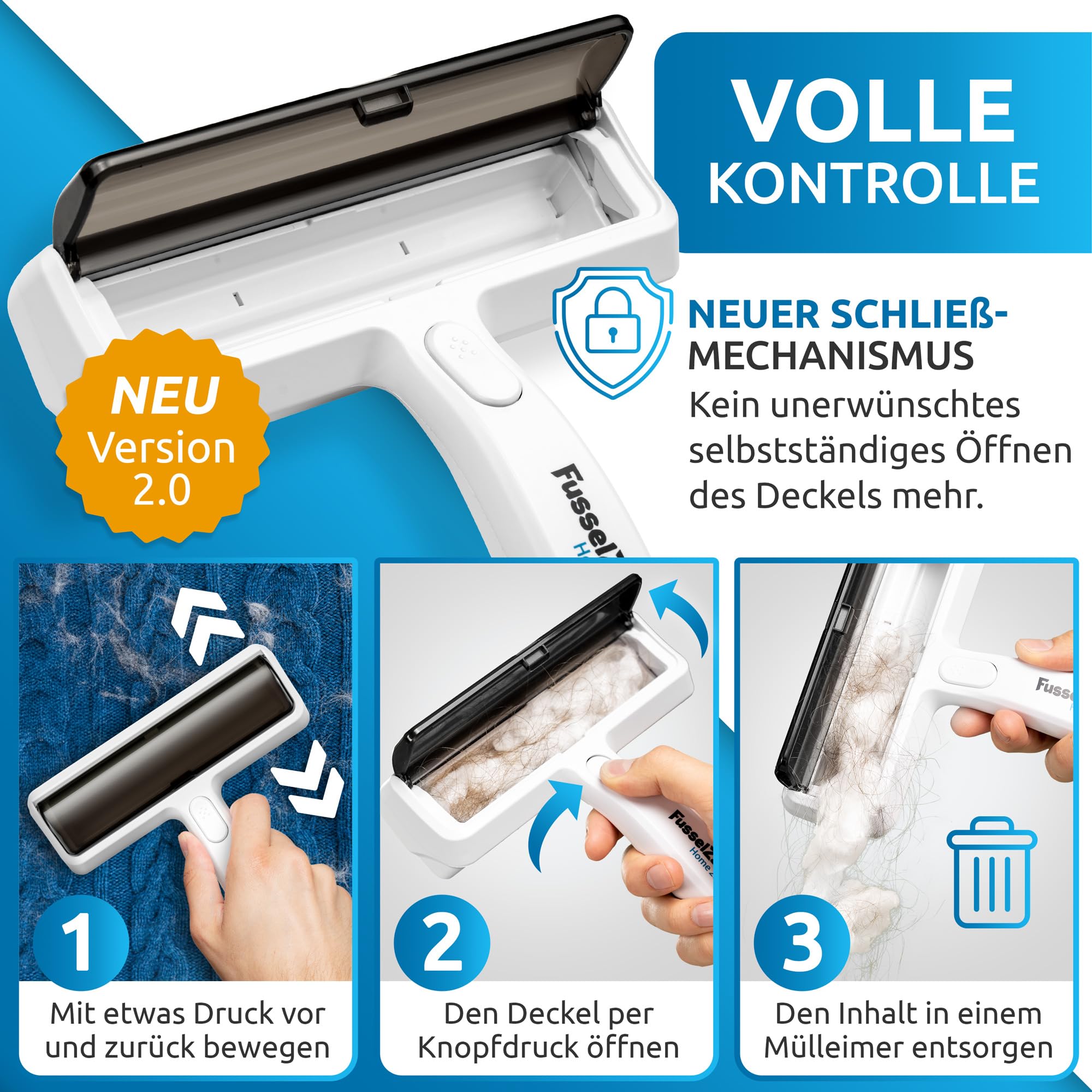 FusselZz® Home Premium pluisroller voor dierenharen, zelfreinigende dierenhaarverwijderaar voor kattenharen en hondenharen, herbruikbare kattenhaarverwijderaar voor bank, kleding, tapijt en bed, zwart