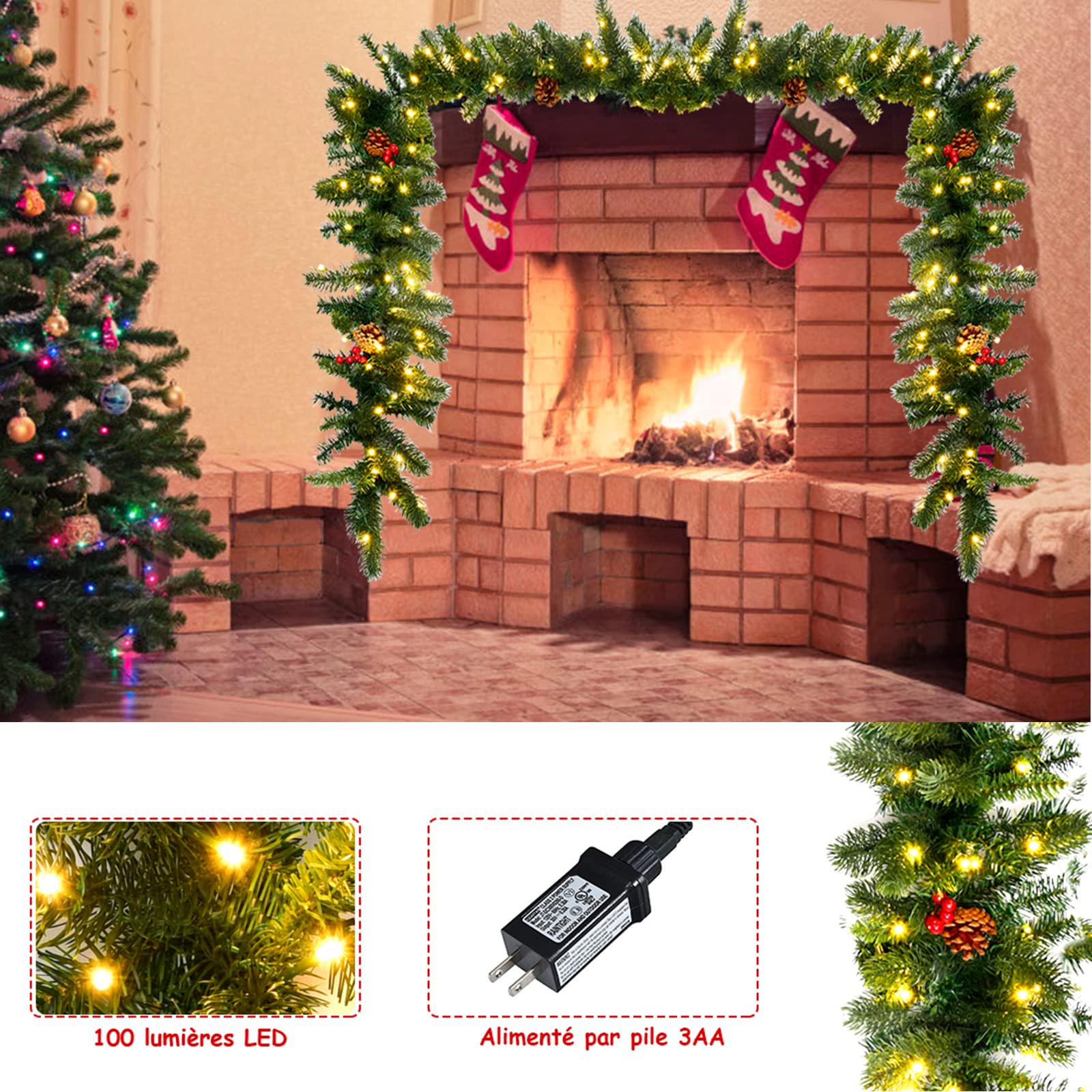 RELAX4LIFE Guirnalda Navidad 270 cm de PVC y PE con Manzanas Rojas y Manzanas de Pino, Guirnalda de ratán con 100 Luces LED, decoración de Navidad, decoración de Puertas, chimeneas, Paredes