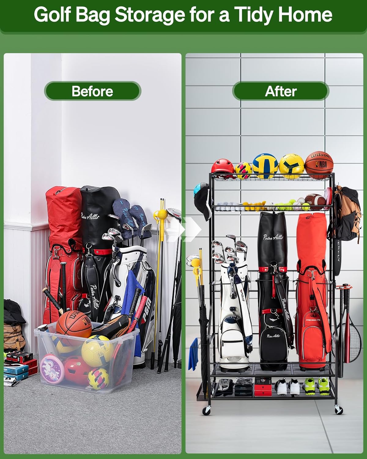 3 Golf Bag Organizer & Sports Equipment Storage Rack for Garage