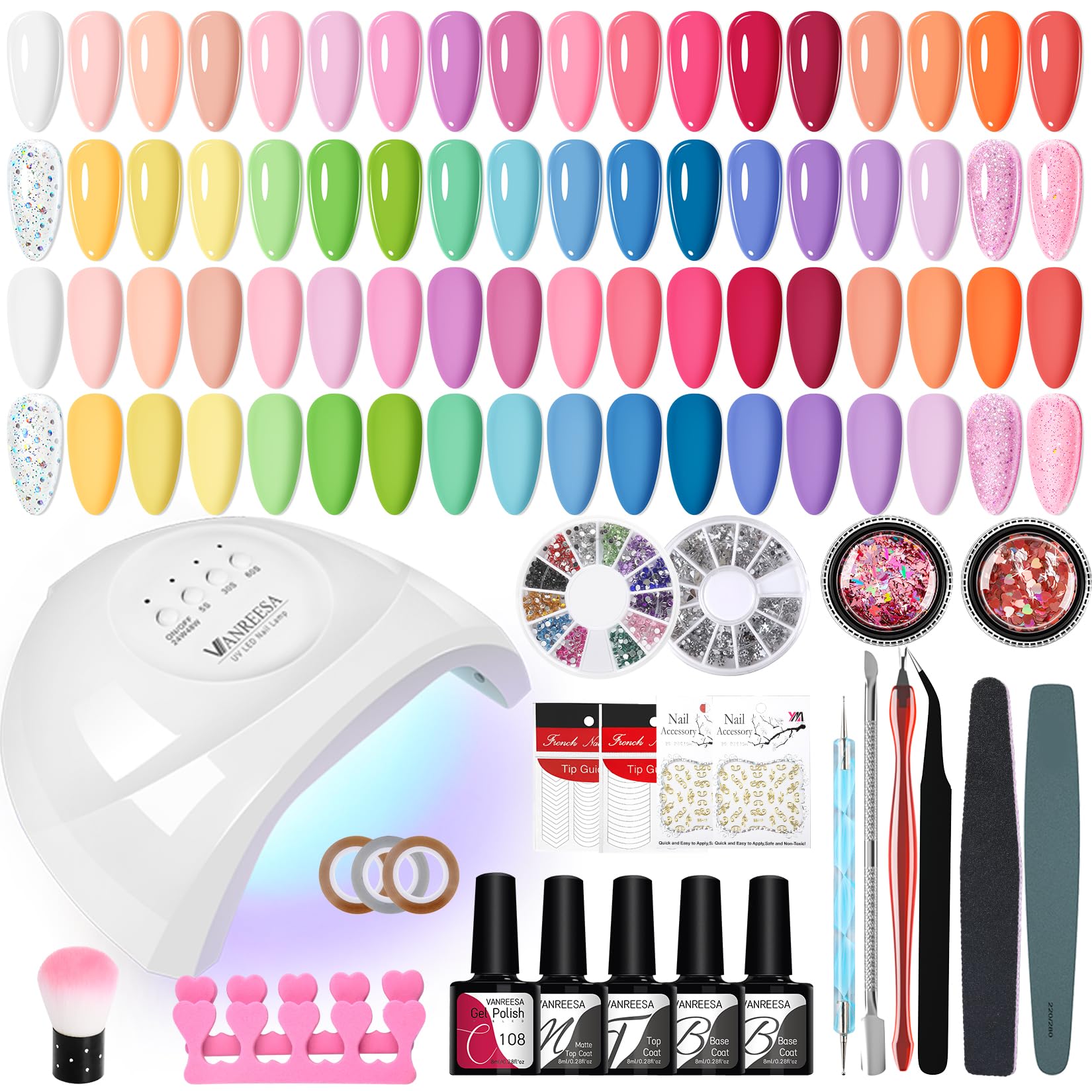 VANREESA 36 Colours Gel Nail Kit with U V Light Spring Summer Colours Pink Red Orange Blue Green Pastel Gel Nail Polish Set including Lamp Starter Kit Pastel Collection Gifts for Women