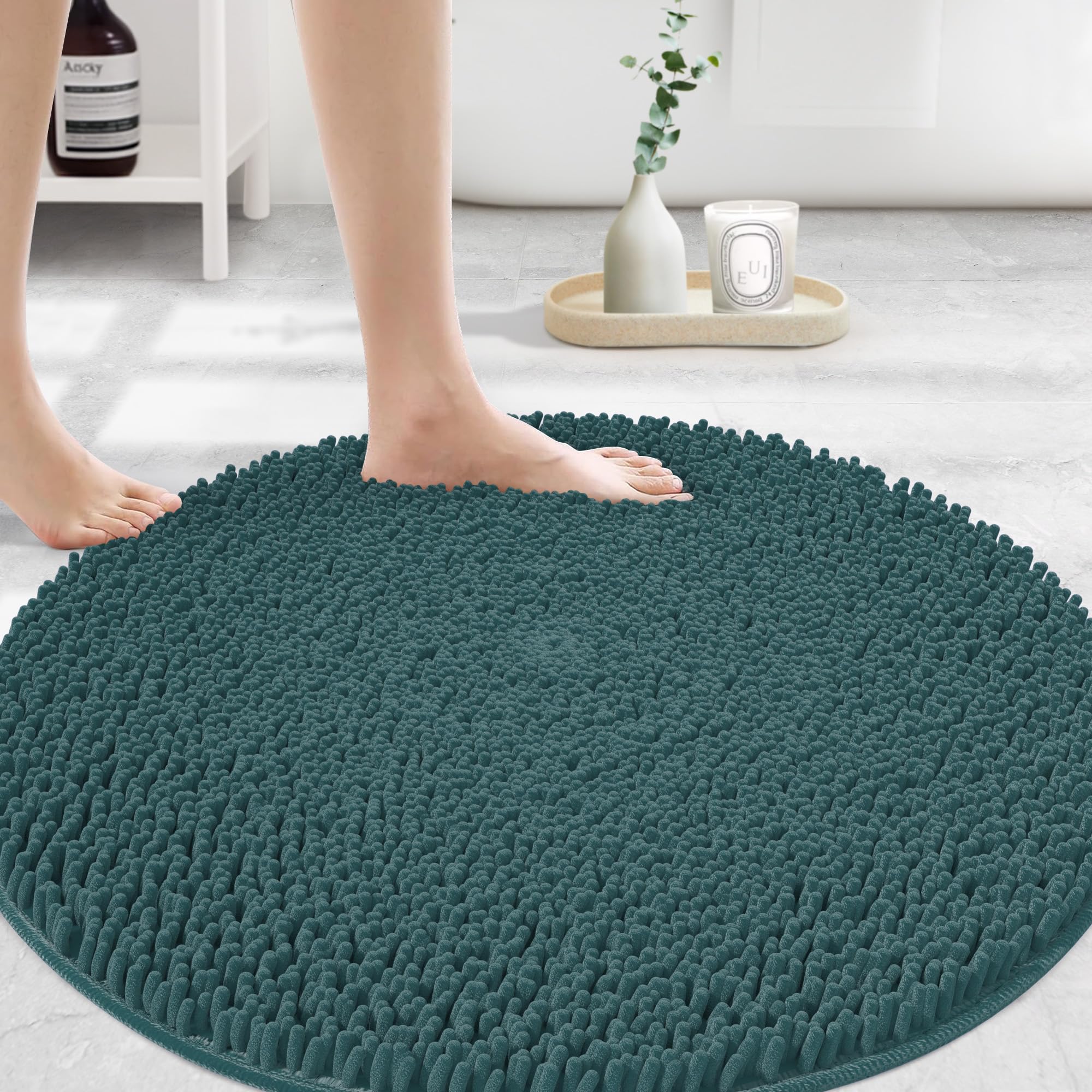 MAYSHINE Large Plush Shaggy Chenille Bath Mat 36"x36" Round, Extra Soft, Super Absorbent, Non-Slip Bathroom Rug, Fluffy Microfiber, Area Rug Sets for Bathroom Floor, Kitchen, Living Room, Teal