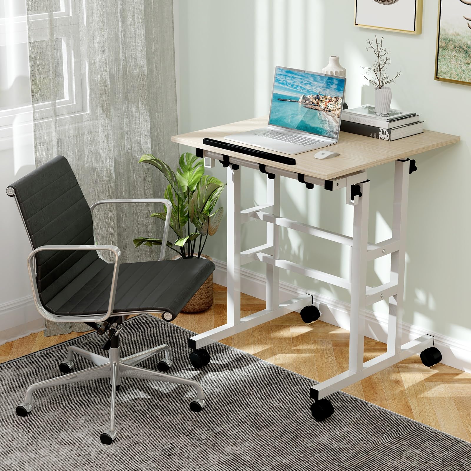 LIFEZEAL Scrivania Sit-Stand con Ruote, Scrivania Mobile per Computer con Ripiani, Tavolo da Studio con Struttura in Acciaio Regolabile in Altezza, per Ufficio, Camera da Letto e Soggiorno (naturale)