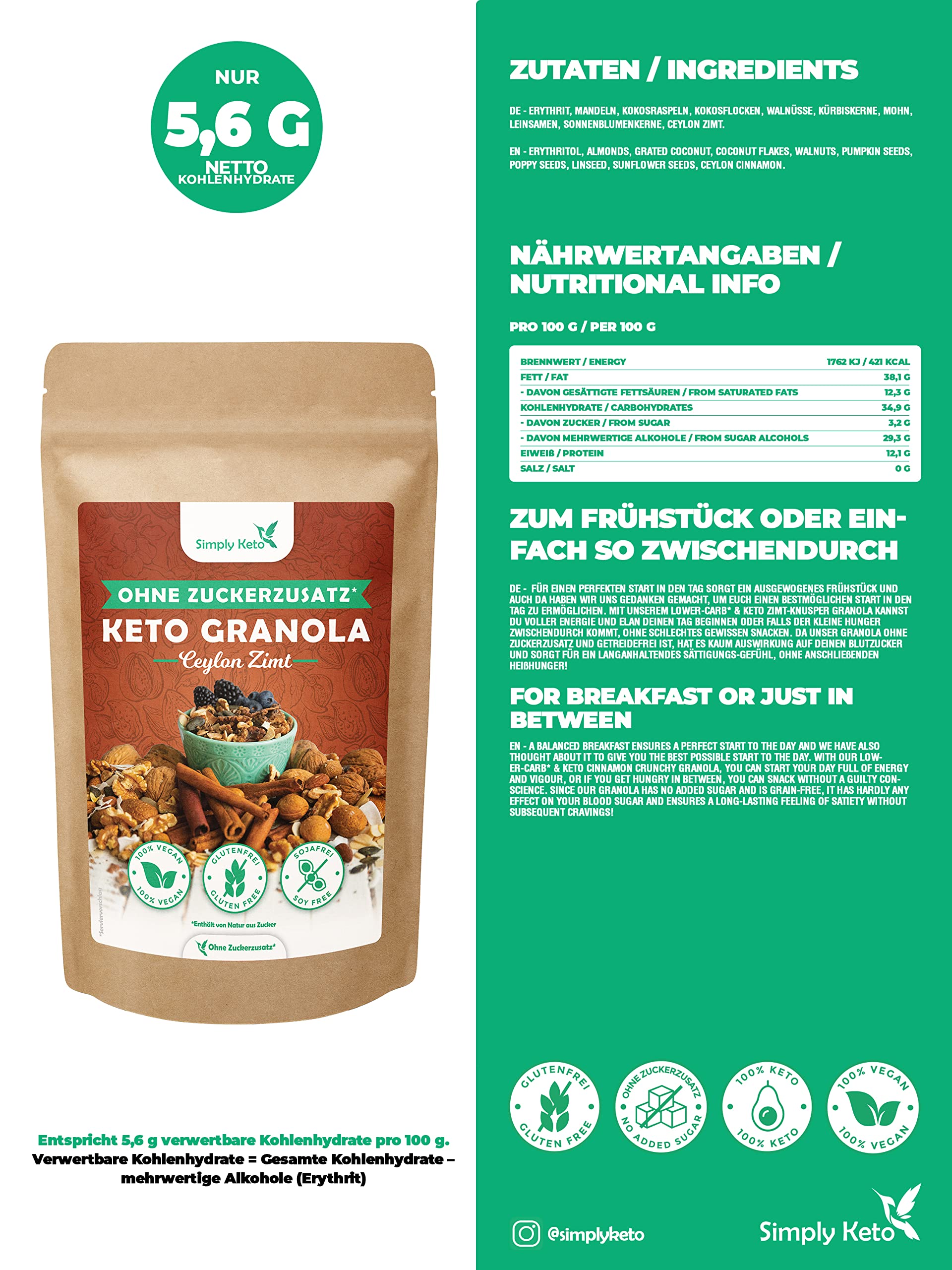 Simply Keto Muesli Crujiente Canela - Muesli Bajo en Carbono sin Azúcar - 500g Delicioso Muesli Keto para un Desayuno Perfecto - Paleo y Vegano - Sin Soja, Lactosa y Gluten - 500g