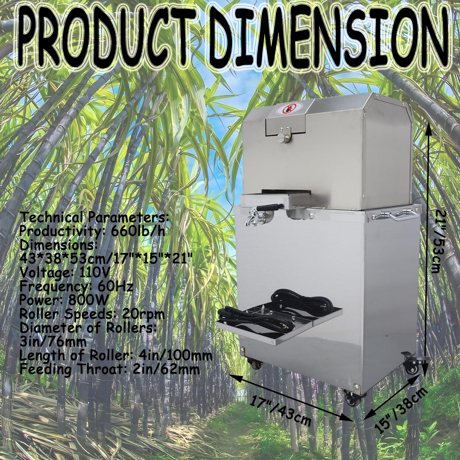 Banfluxion 110V 800W Electric Sugarcane Press 4 Rolls Vertical Sugar Cane Ginger Press Juicer Stainless Steel Sugarcane Juicer Grinder Extractor with Top Feed Port and 2 Sets Peeling Knives