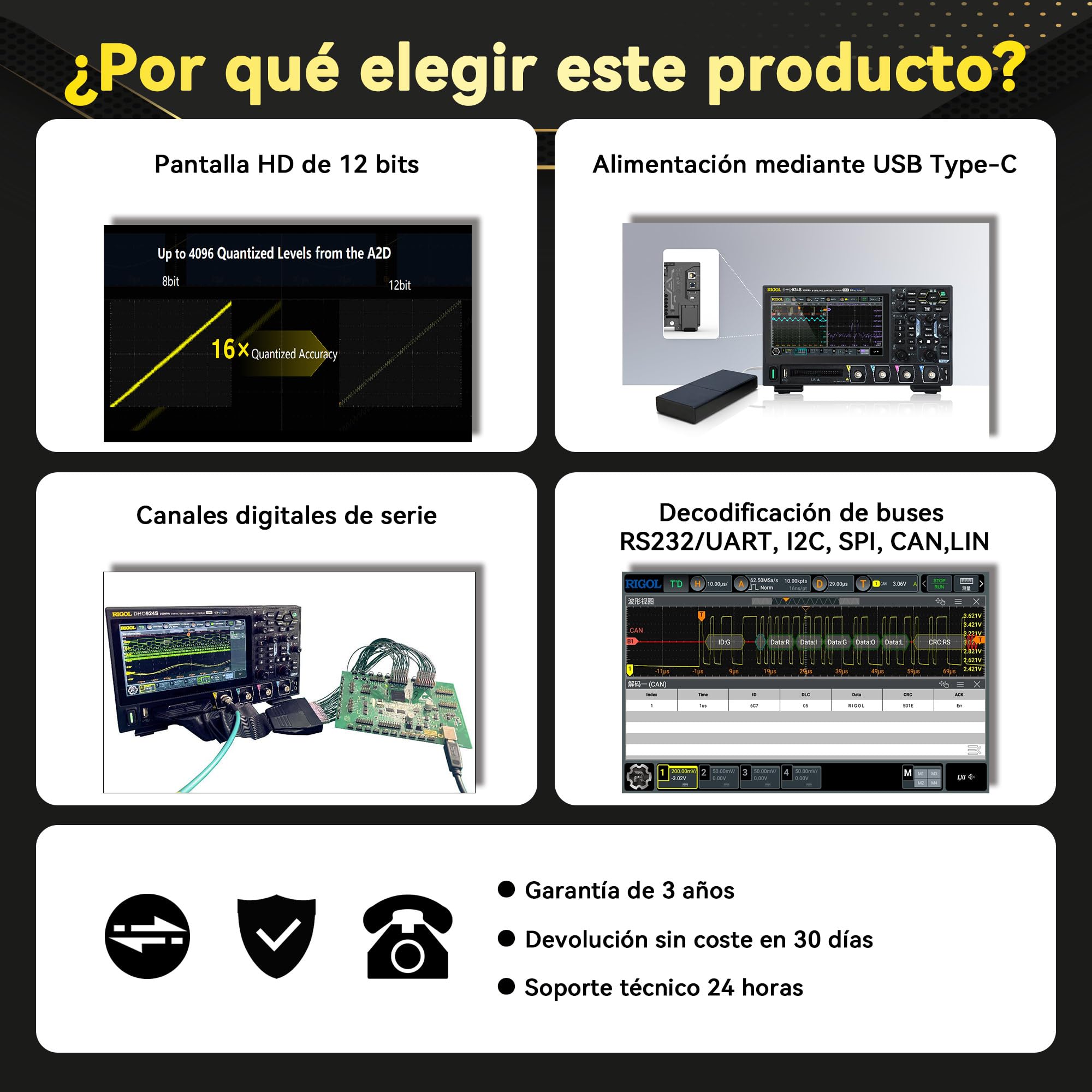 RIGOL Osciloscopio,DHO914S Osciloscopio Digital Portatil,125MHz,4A+16D canales,Resolución 12 bits,Pantalla táctil HD 7",Generador de señales integrado,Para pruebas en campo y enseñanza en laboratorio