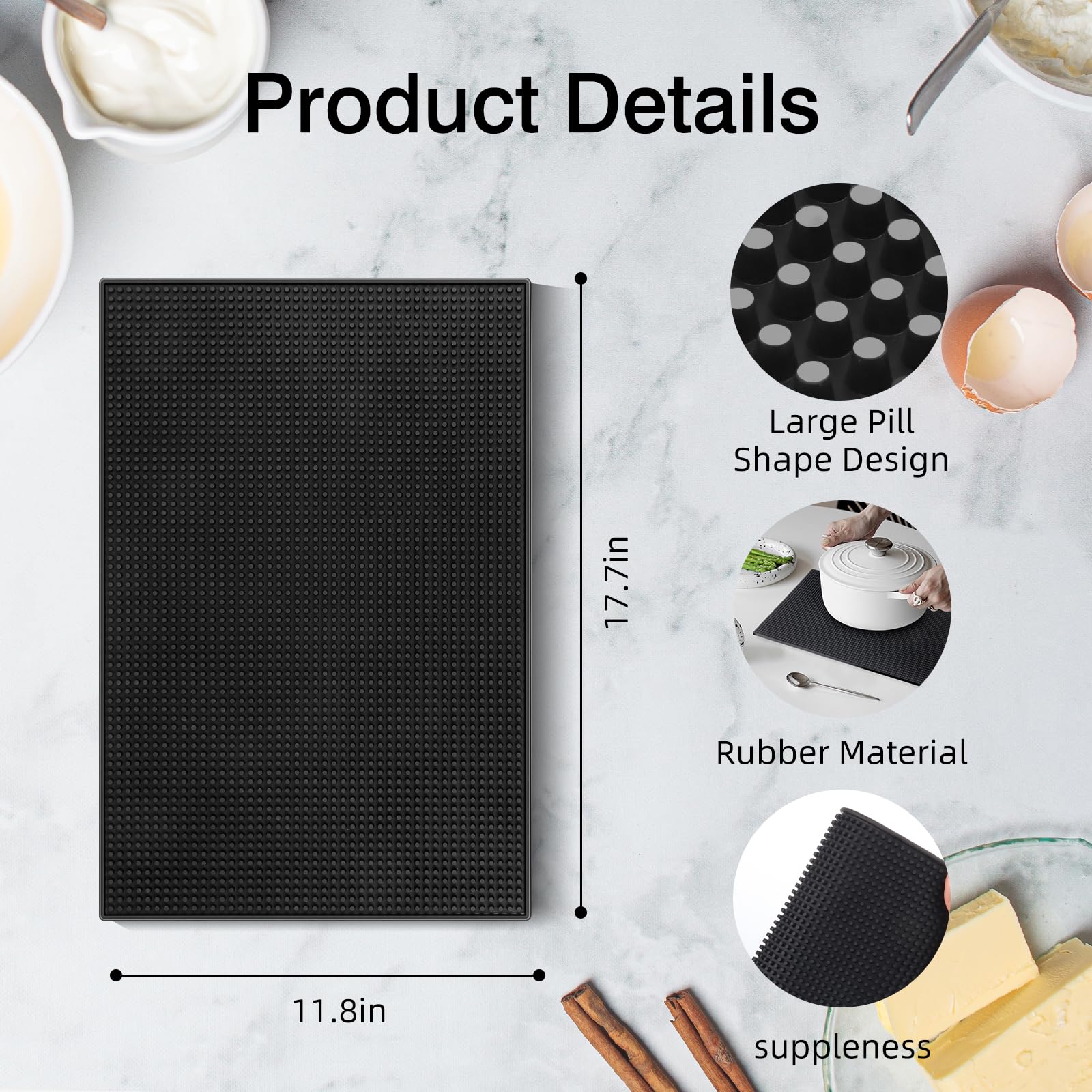 6 Stück Barmatten für Arbeitsplatte, 45,7 x 30,5 cm, Gummi-Silikon, zum Trocknen von Kaffee, rutschfeste Matte für Barkeeper, Cocktailbars, Restaurants (schwarz)