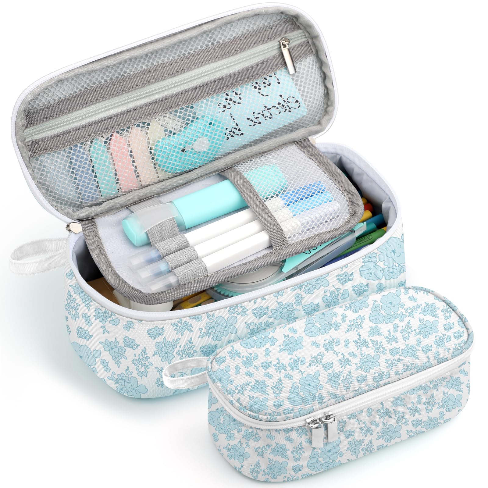 Jcocylse Large Capacity Pencil Case Portable Pencil Pouch Bag School Supplies for College Students Adults(Blue Flowers)