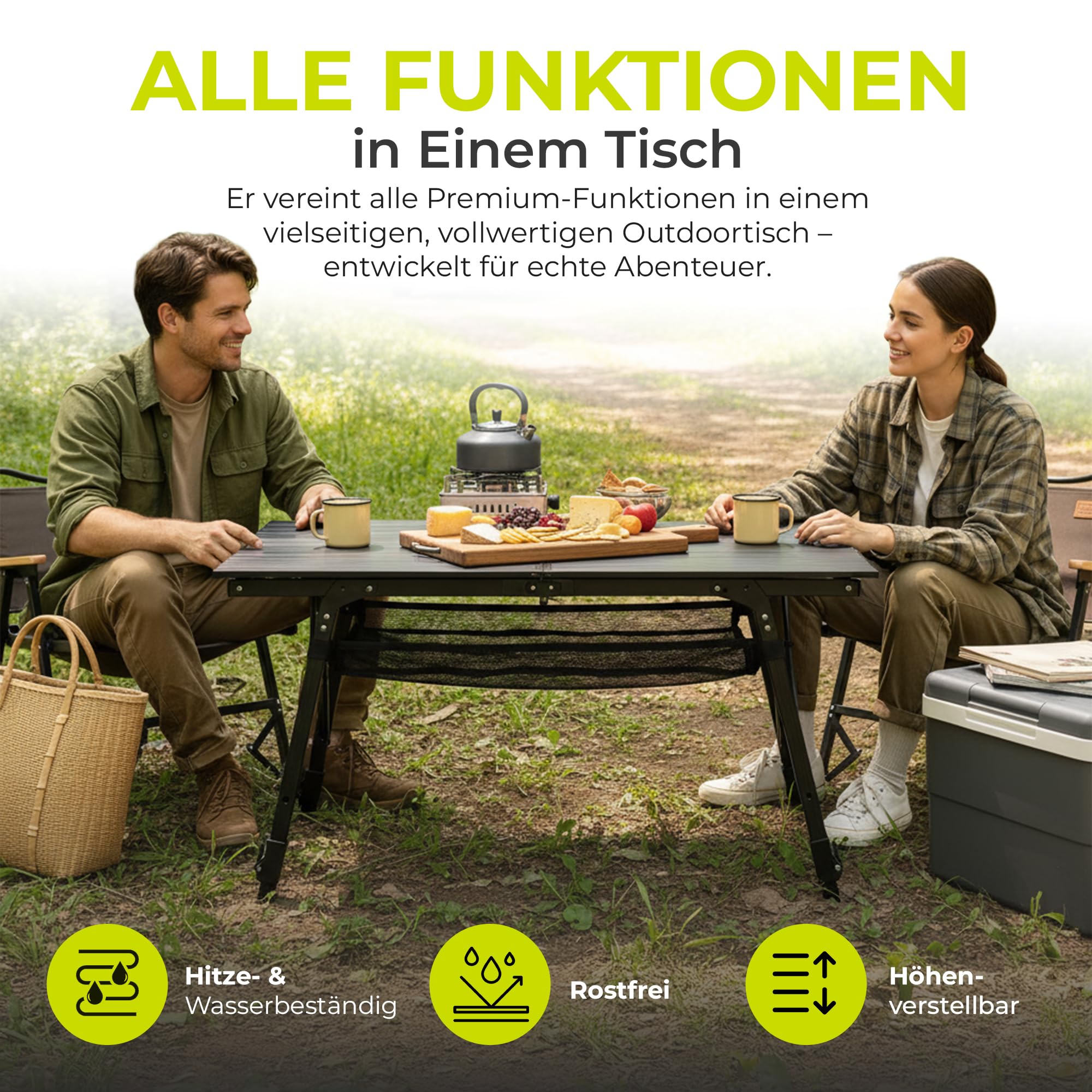 Camping-Tisch Klapptisch Klappbarer Multifunktionstisch Mehrzwecktisch; Höhenverstellbarer Falttisch mit aufrollbarer Tischplatte (90x51cm) & Tragetasche; belastbar bis 30kg