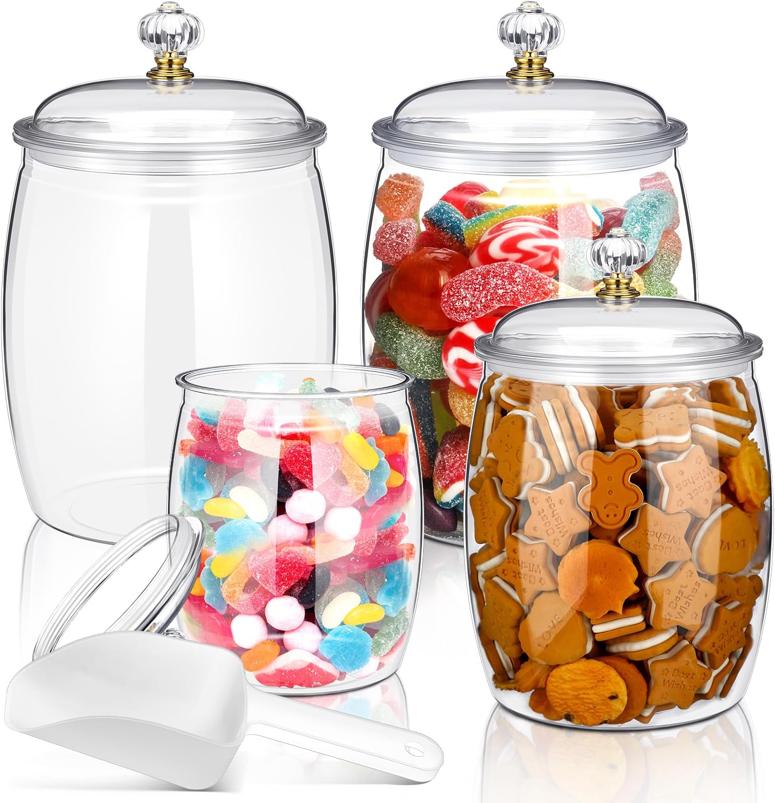 Nuogo 4 Pcs Plastic Candy and Cookie Jars with Lids Clear Cookie Container Candy Jars Large Airtight Apothecary Storage Organization for Wedding Home Kitchen Bar(42/64/90 oz)