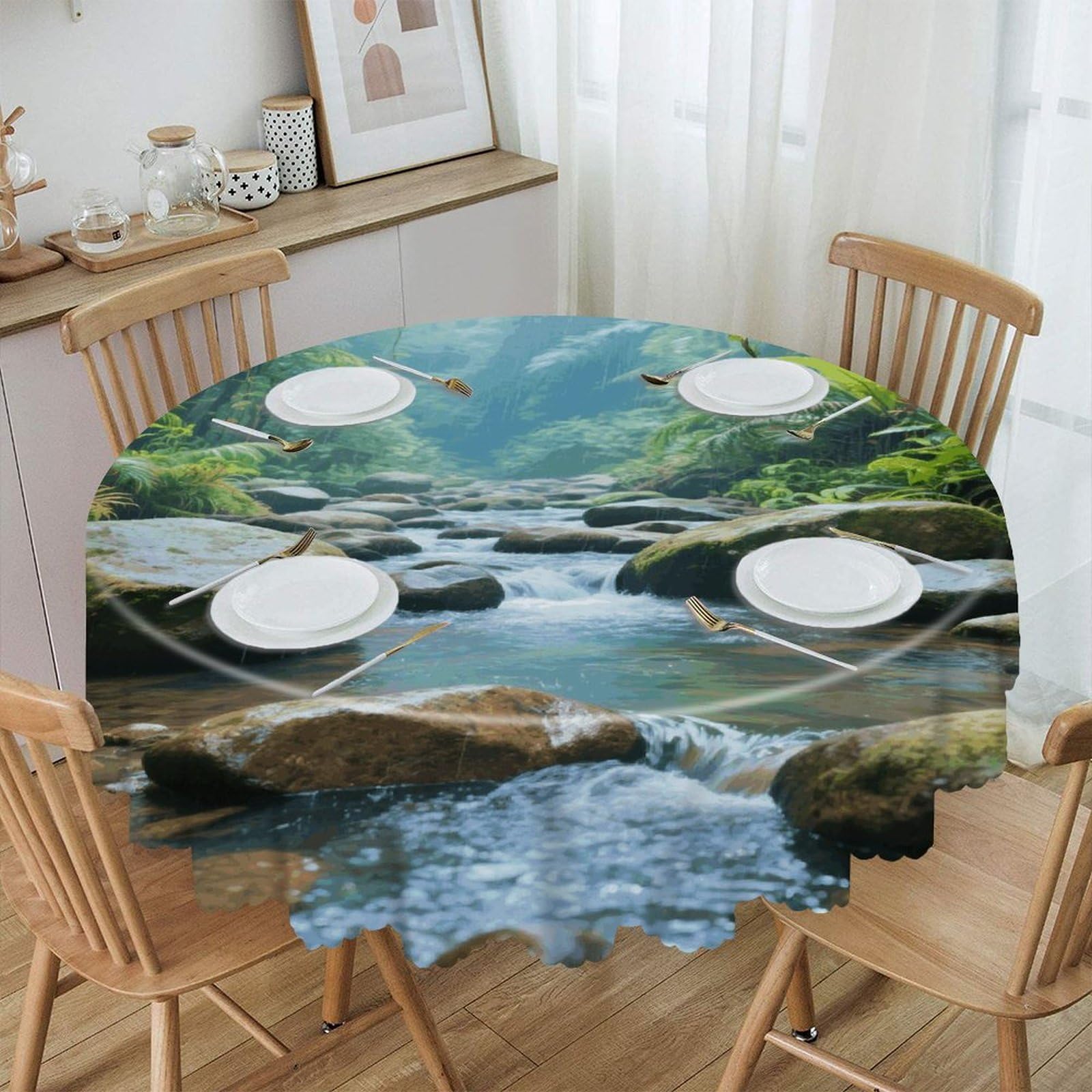 VstaDank Rainforest Stream Beach Round Tablecloth Wipeable Round Polyester Tablecloth Waterproof Wrinkle Free Indoor and Outdoor Table Cover 60 Inch Decorative Farmhouse Table Cloth for Dining