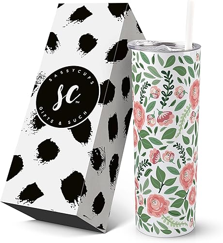 SassyCups Vaso floral con pajilla vaso de acero inoxidable con aislamiento al vacío de doble pared vaso de rosa tazas florales para mujer lindos