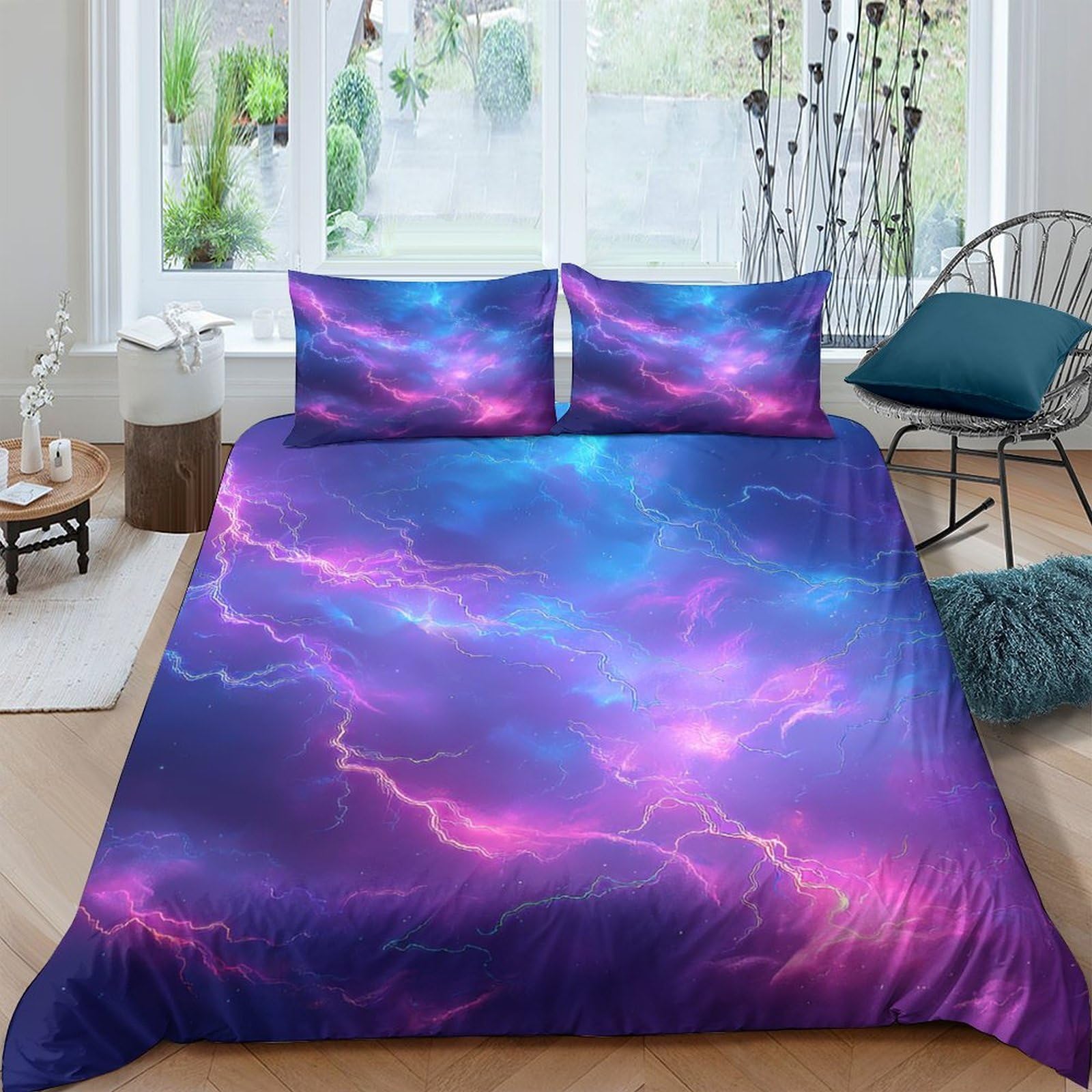 GPLZQXKJNH 3D Printed Purple Lightning Sky Duvet Cover Microfiber Soft Breathable Cosmic Nebula Bedding Set with 2 Pillowcases for Bedroom Decor Single（135x200cm）