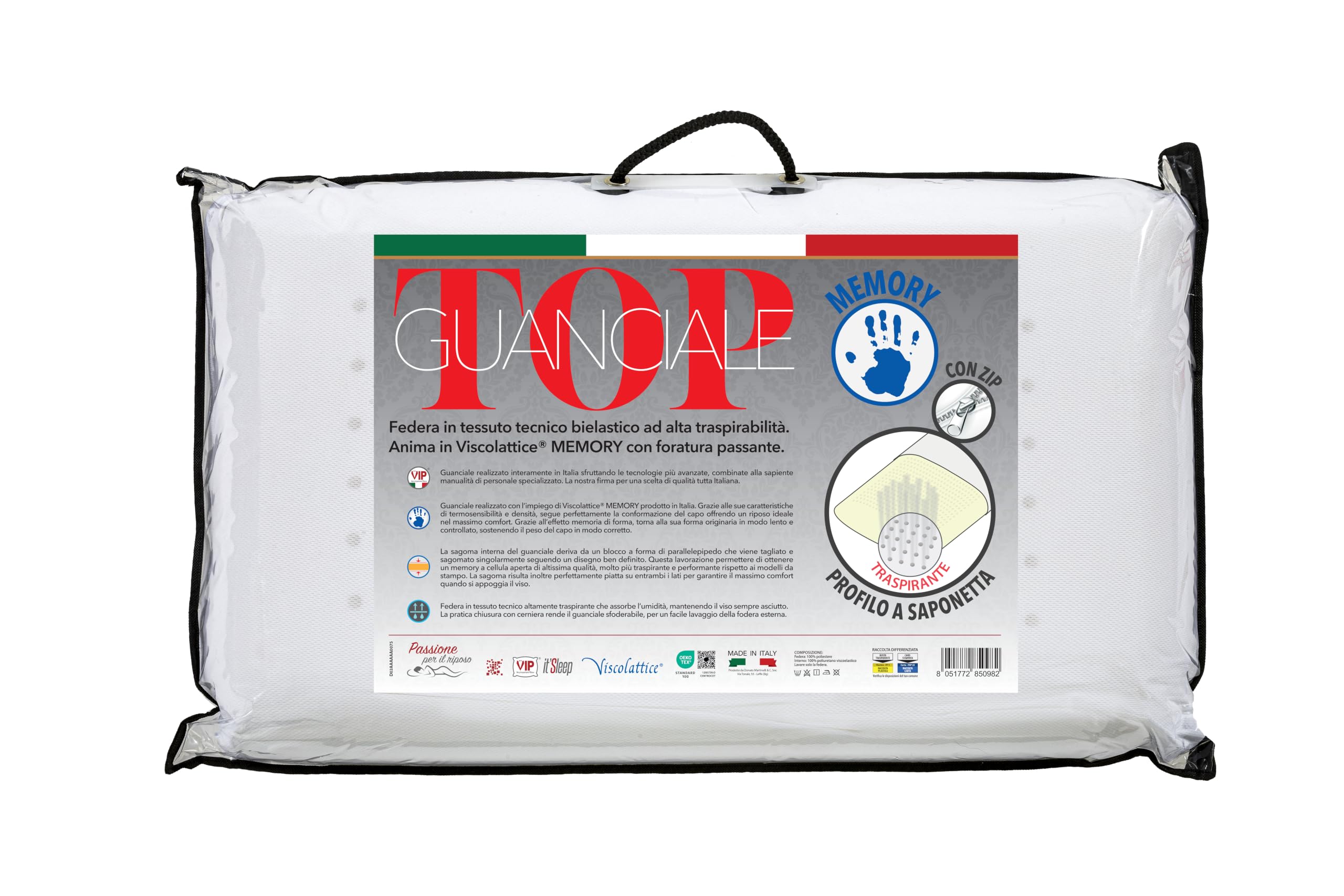 V.I.P. Very Important Pillow - Guanciale Viscolattice Saponetta Foratura Passante Memory Top Altamente Traspirante cm 43X73h. 13 Made in Italy