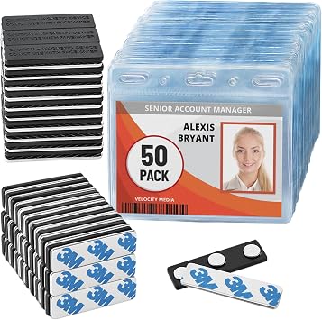 Magnetic Name Badge Holders - 50 Pack - 3x4 inches Zipperless Horizontal ID Badge Sleeves + Strong Magnet Plates for Name Tags, Identification Cards, Employee Badges