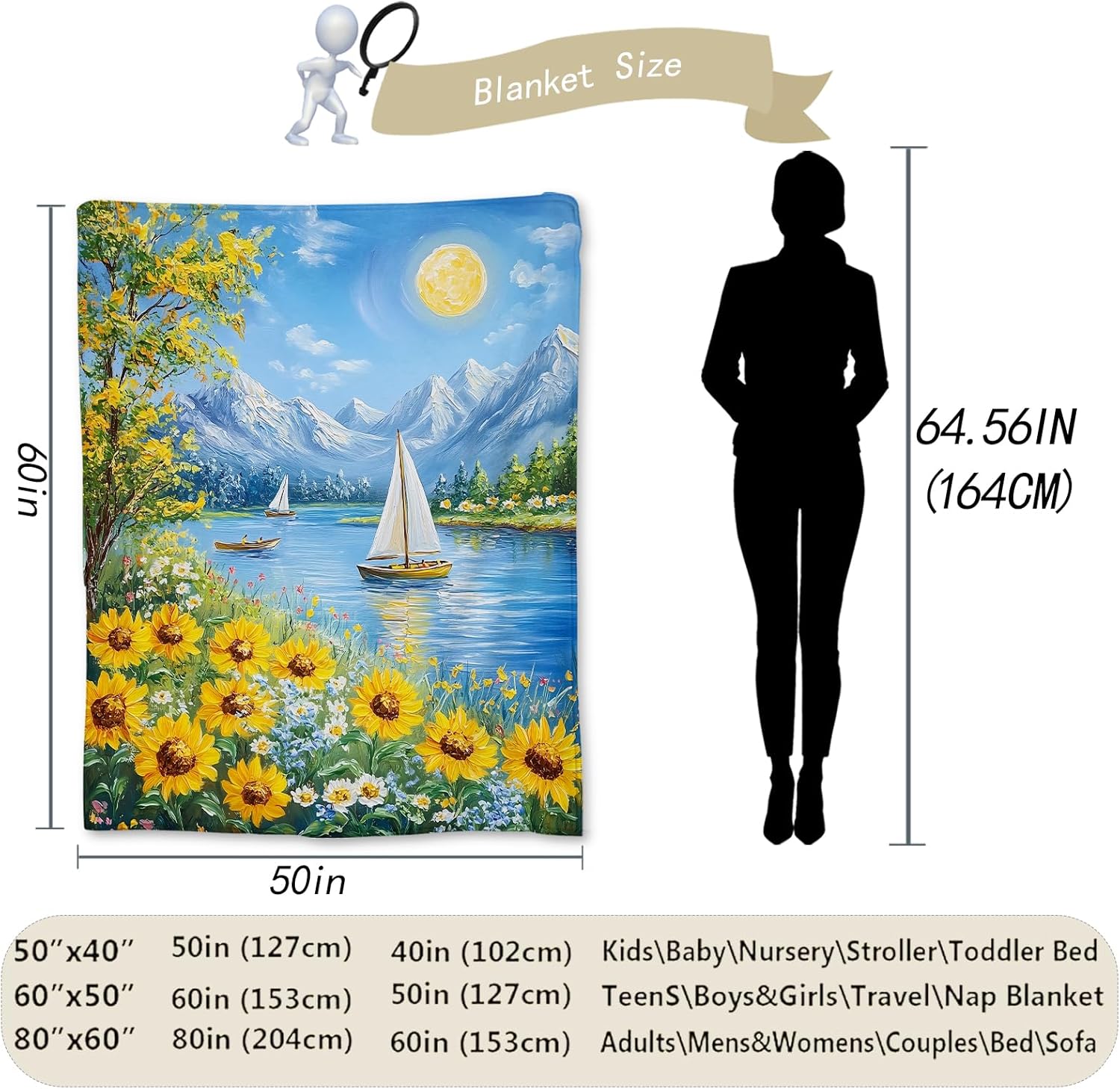 Sunflower Landscape Blanket, Soft Lightweight Fuzzy Flannel Throw Blanket for Adults Women Men Kids, Cozy Warm Blankets for Couch, Travel, Home Decor & Bed 60×50 in