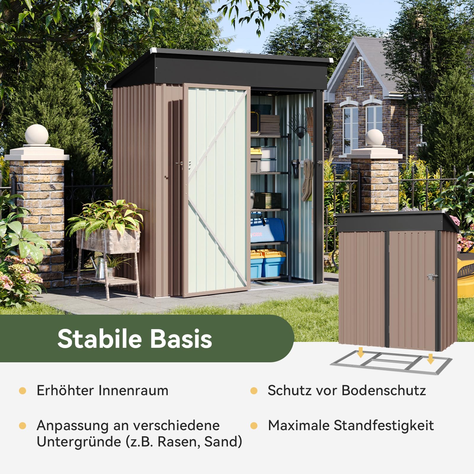 Aoxun Gartenhaus mit Standfuß, verzinktes Metallschuppen mit Schiebetür, Werkzeugaufbewahrung, Fahrradschuppen, Braun