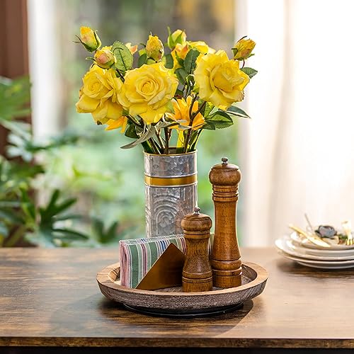 Miniatura 80 de Hanobe Bandeja de madera rústica: bandeja decorativa redonda de madera para mayordomo, centro de mesa, bandejas portavelas, bandeja otomana