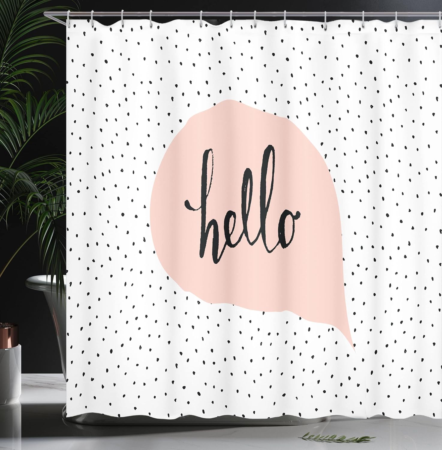 Ambesonne Hello Shower Curtain, Pink Speech Bubble Hand Letter Message on Background of Dots, Cloth Fabric Bathroom Decor Set with Hooks, 69" W x 70" L, Blush Black White