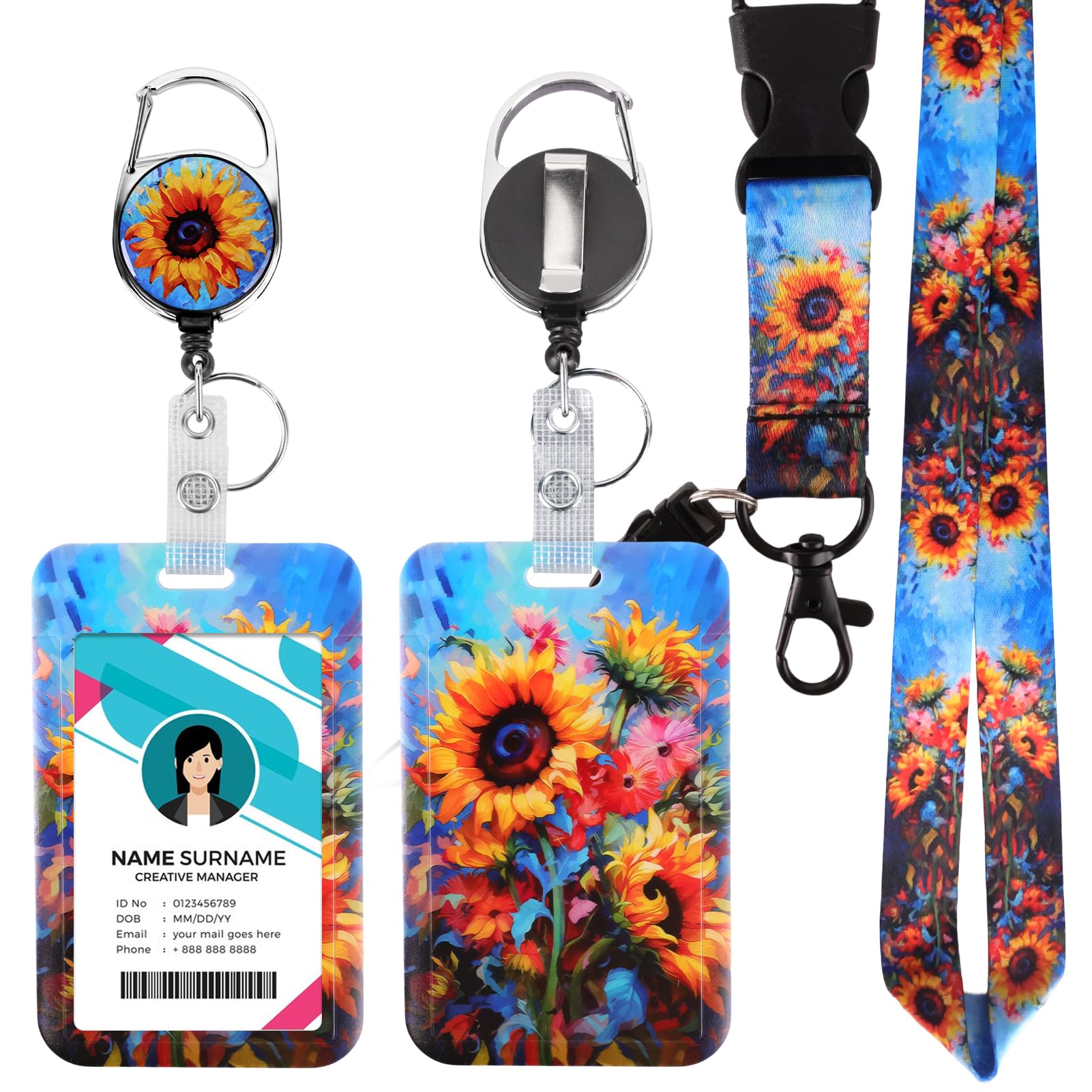 ID Badge Holder with Detachable Lanyard, Retractable Badge Reel, Removable ID Tag Clip, Neck Lanyard (Sunflower 1)