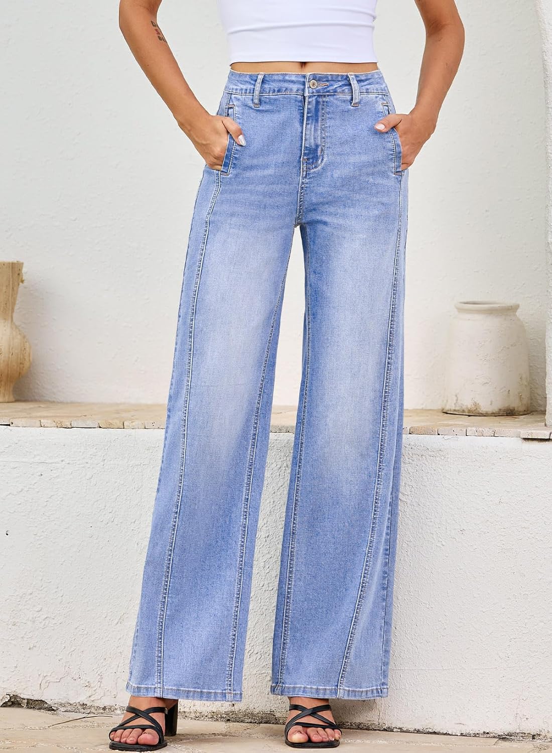 EVALESS Women's High Waisted Wide Leg Jeans Stretchy Boyfriend Loose Straight Denim Pants - Image 3