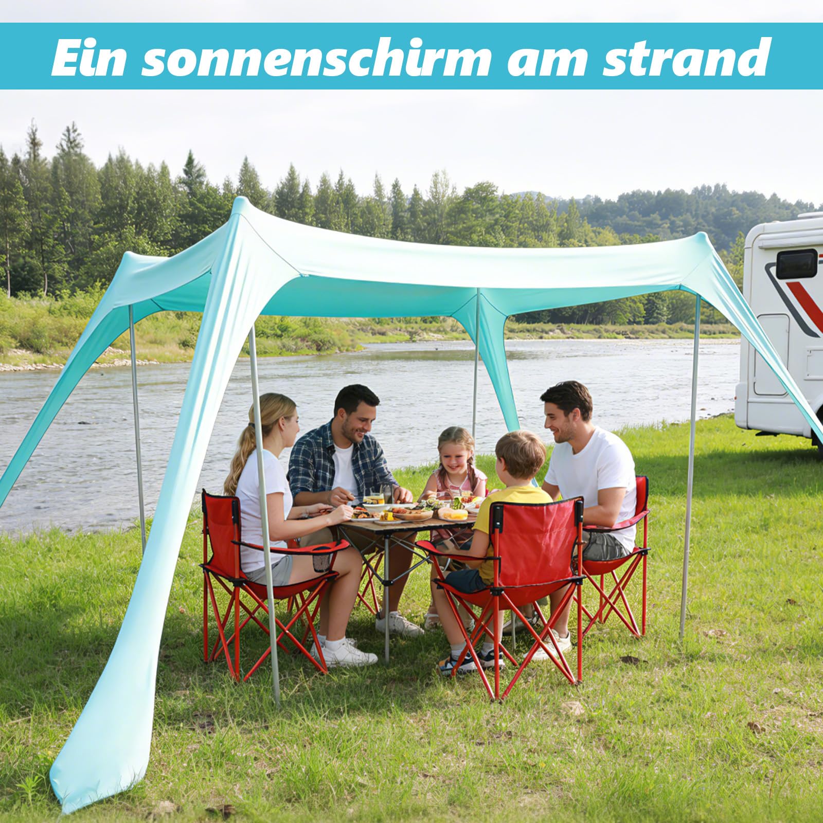 Sonnenschutz Strandzelt mit UPF50+ 2.2 x 2 x 1.6 m Strand Sonnensegel mit Sandschaufel & Erdnägeln - Strandmuschel UV Beach Tent leichte Strandüberdachung für Camping, Picknick, Garten (Turquoise)