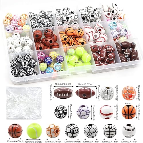 Miniatura 2 de LEKAI 15 estilos de cuentas de pelota deportiva, baloncesto, tenis, voleibol, béisbol, rugby, fútbol, con 1 rollo de cuerda elástica y una caja de