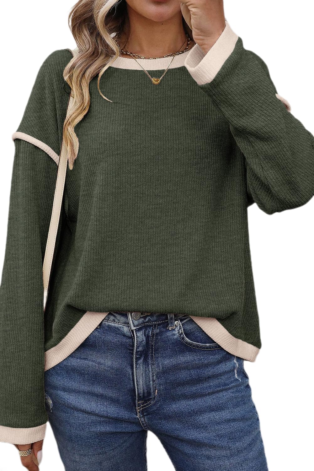 Color Block Sweater for Women Drop Shoulder Knit Tops Casual Loose Crewneck Pullover Sweaters