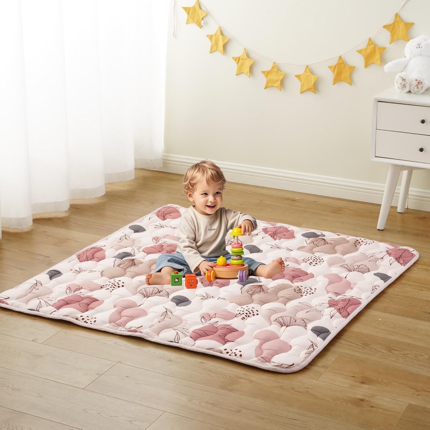 Bunnikins & Clover Baby Floor Play Mats, 71"x59" Thicken Soft Play Mat for Babies 6-12 Months, Foldable and Non Slip One-Piece Crawling Mat, Washable Foam Play Mat for Baby, Toddlers, Tummy Time