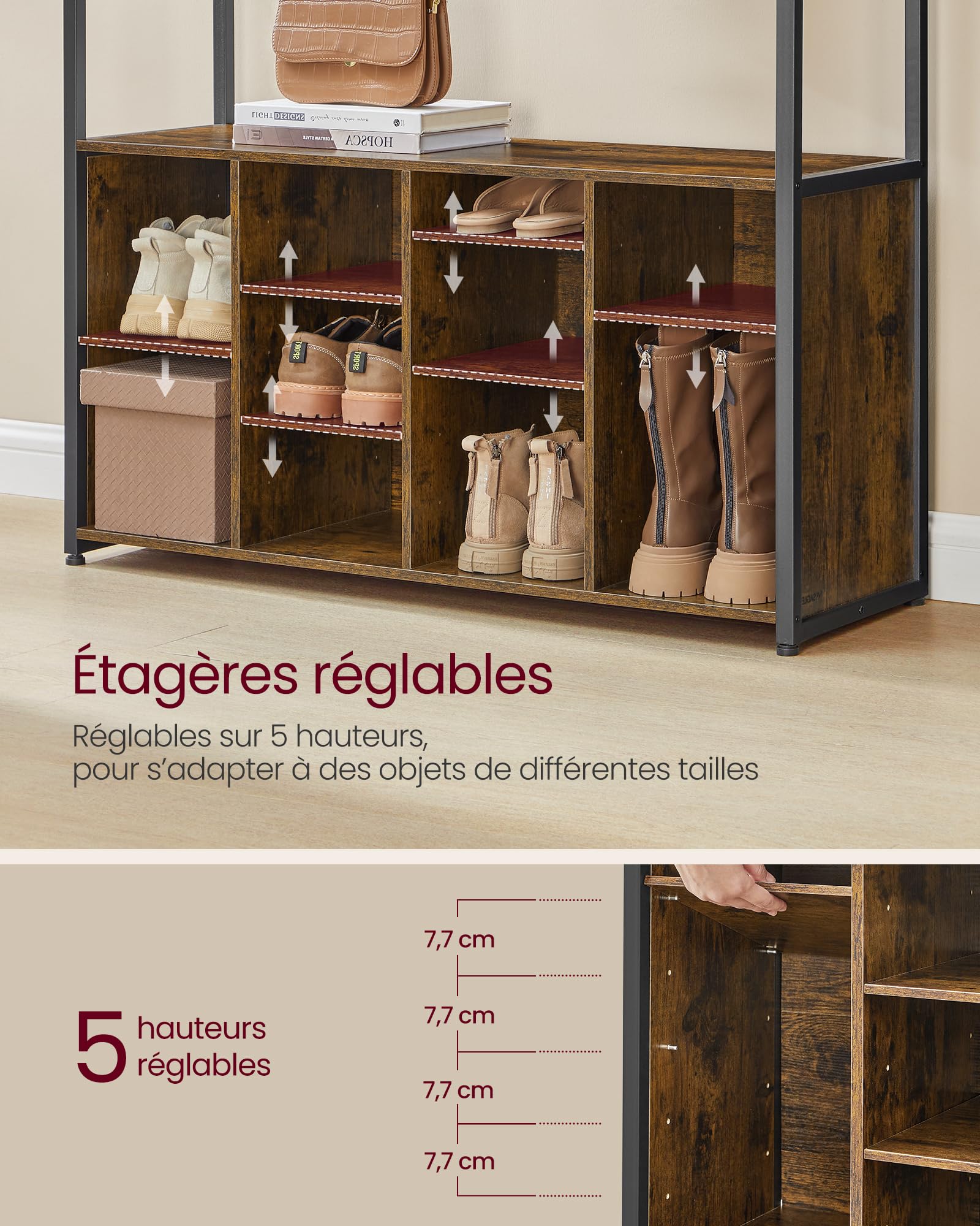 VASAGLE Porte-Manteau, Meuble d’Entrée, avec Étagères à Chaussures, Étagères Réglables, Compartiments Ouverts, Style Industriel, pour Entrée, Couloir, Marron Rustique et Noir d'Encre HSR432K01