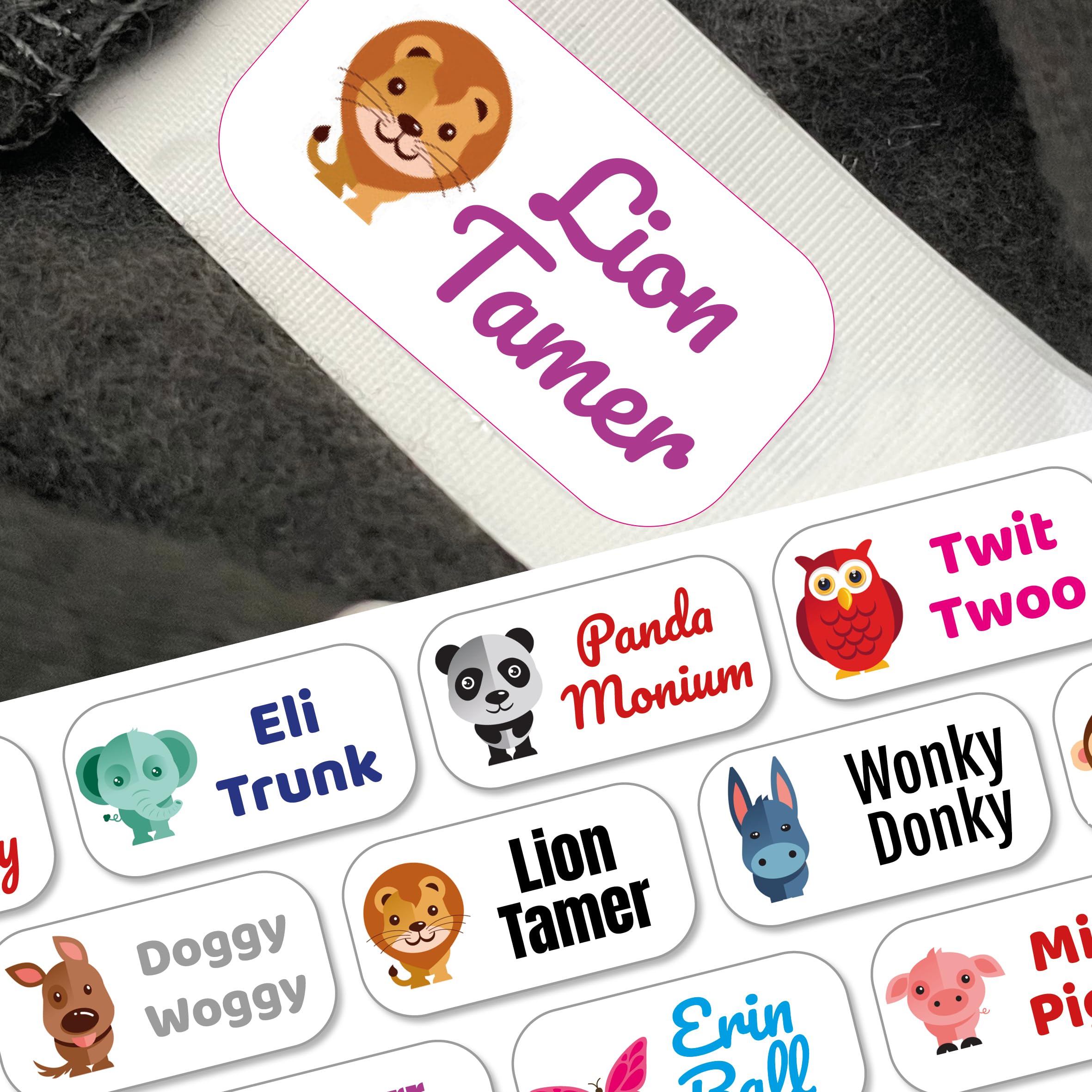 60 Personalised Stick on Name Labels for Clothes with icon. Washable No Iron Clothing Stickers for Kids School Uniform, Children, Care Homes, Nursery and Day Care