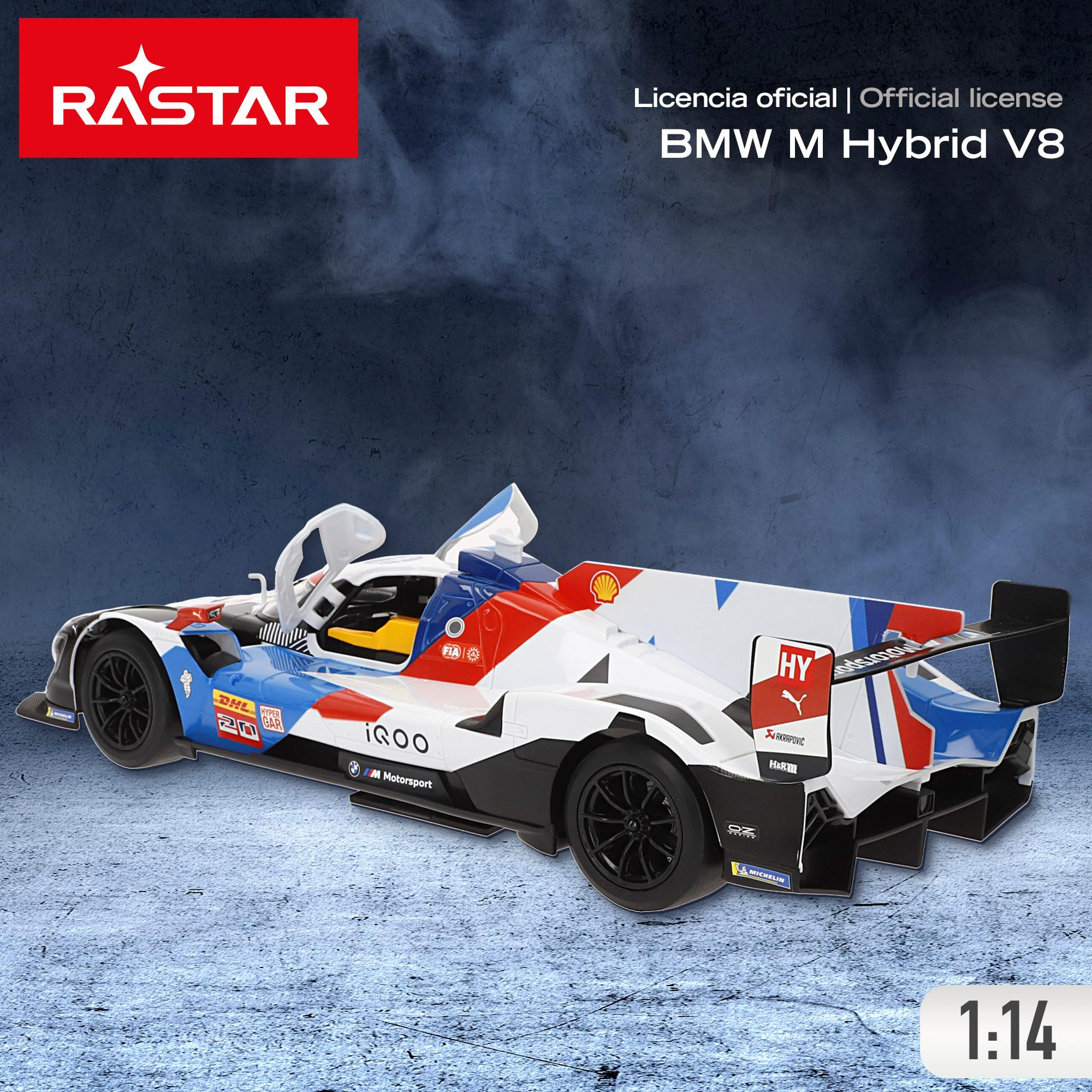 ColorBaby Rastar Samochód zdalnie sterowany BMW M Hybrid V8, skala 1:14, światła przednie, pilot zdalnego sterowania, otwieranie drzwi, podwójna prędkość 7-11 km/h, 2,4 GHz, oficjalny projekt (41325)