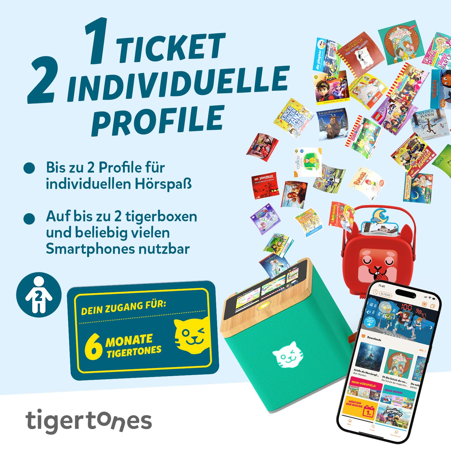 tigermedia tigertones Duo Prepaid-Zugang 6 Monate | Audio-Streamingdienst für Kinder | Über 30.000 Audiotitel | Volle Kostenkontrolle | Nutzbar mit tigerbox Touch und MINI | Musikbox