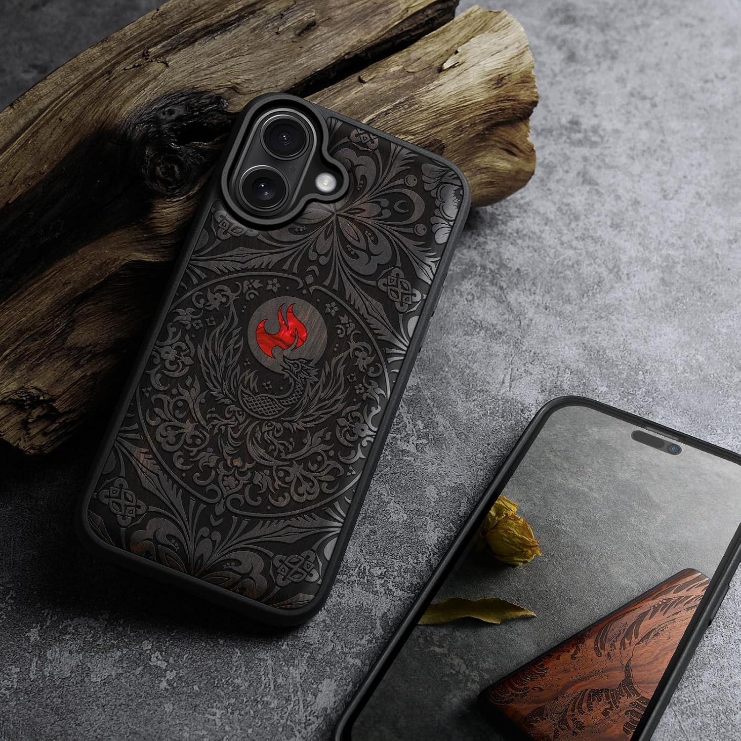Carveit Magnetic Wooden Case for iPhone 17 Case, Wood Artisan Engraved & Handmade Shell Inlaid, TPU Shockproof Cover, Compatible with MagSafe Wireless Chargers (Phoenix in Symmetry-Blackwood)