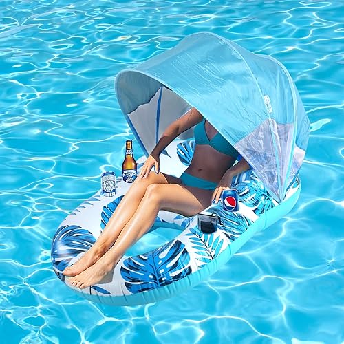 Flotadores inflables de piscina para adultos, flotador de piscina con toldo, flotadores de balsa, silla reclinable flotante de agua con portavasos,