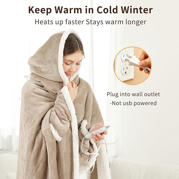 ESTINGO Wearable Heated Blanket Electric Throw, Heated Shawl with 6 Heating Levels and 1-4 Hours Auto Off, Heated Hoodie Women for Mom Women Seniors Grandma 5064 Light Beige