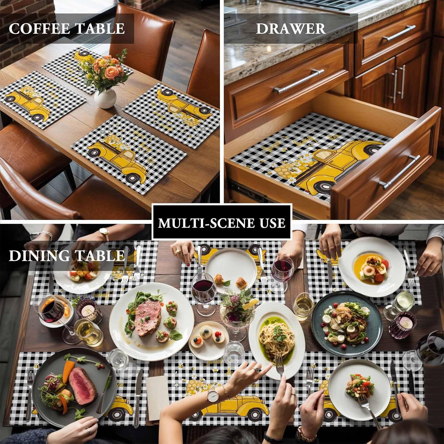 LooPoP Placemats Set of 6 Washable,Sweet Honey Bee Placemat for Dining Table Decorations, Heat-Proof Table Mats for Kitchen Dinner Banquet Summer Bee Yellow Truck Black and White Plaid