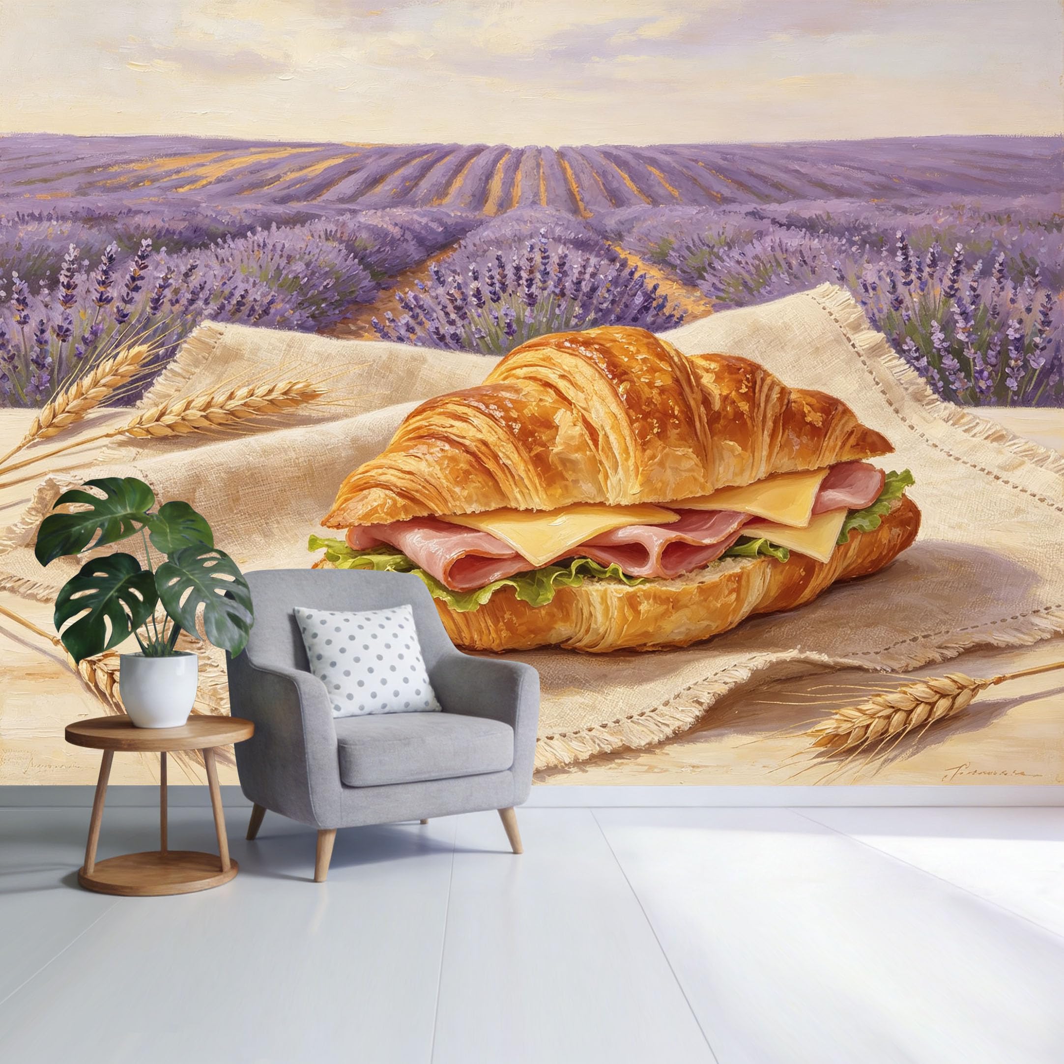Custom Size Wall Mural Lavender Field Landscape Croissant Sandwich Oil Painting Style SelfAdhesive Wall Fabric Removable Wallpaper for Home Office Decor
