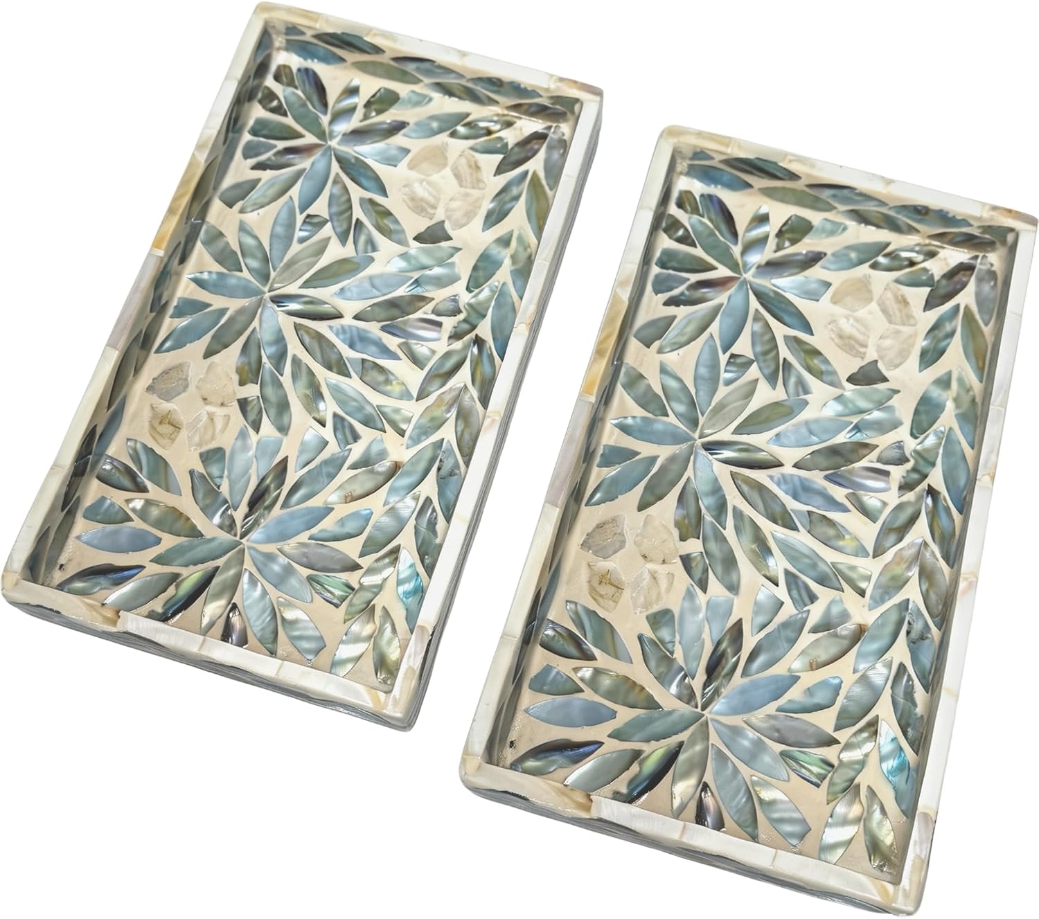 i-lanSet of 2 Mother of Pearl Narrow Vanity Trays, Floral Shell Mosaic