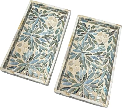 i-lanSet of 2 Mother of Pearl Narrow Vanity Trays, Floral Shell Mosaic