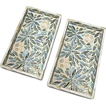 i-lan Handmade Mother of Pearl Inlay Decorative Tray Set of 2, Narrow Rectangle Vanity Trays for Bathroom, Bedroom, Dresser, Elegant Floral Shell Mosaic Organizer for Perfume, Jewelry, Skincare